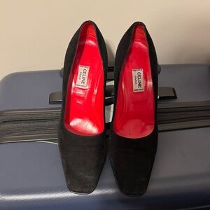 Celine Black Suede Pumps with Red Leather Insole